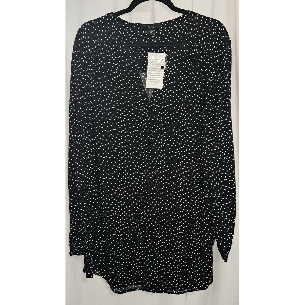 Ellos Blouse, black and white polka dot, long sleeve, size 24, v neck,‎ 34" long